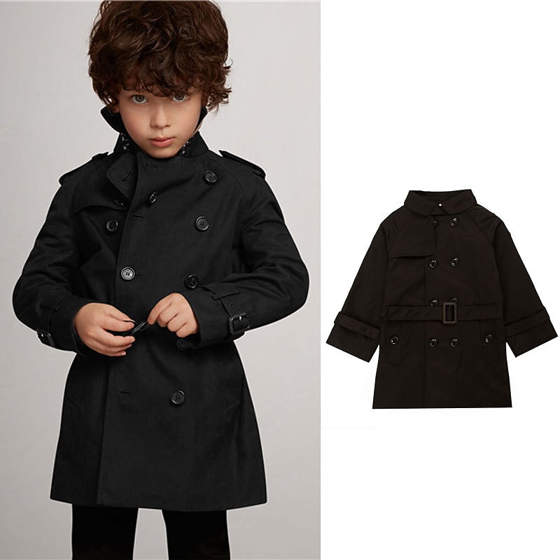 Kids Boy Girl Trench Coat Jacket Long Sleeve Outwear Windproof Pocket Fall Winter Active Daily Casual 2-12 Years Black Khaki Plain3