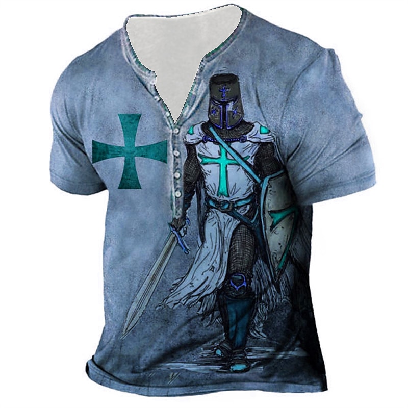 Men's Graphic Templar Cross Cross T Shirt Henley Shirt Tee Short Sleeve 3D Print Designer Basic Casual Outdoor Daily Sports Summer Blue Purple Brown Green Gray Henley Henley T-Shirt