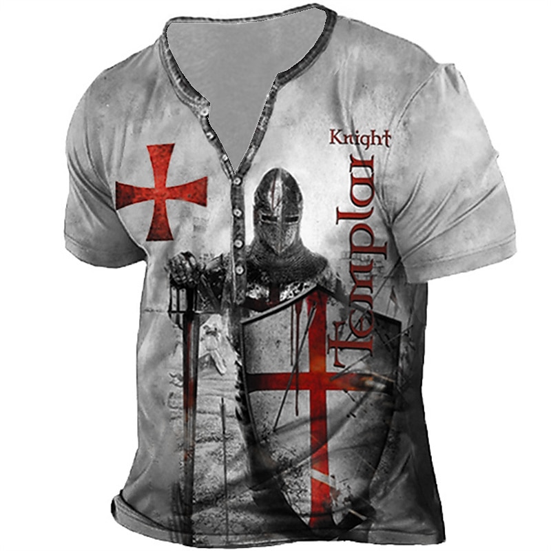 Men's T shirt Tee Henley Shirt Tee Designer Basic Casual Shirt Graphic Templar Cross Knights Templar Cross Short Sleeve Shirt Blue Purple Brown Outdoor Daily Sports Henley Summer Clothing Apparel 3D2