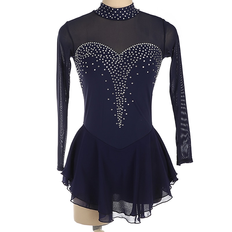 Figure Skating Dress Women's Girls' Ice Skating Dress Black Purple Yellow Open Back Spandex High Elasticity Training Competition Skating Wear Handmade Crystal / Rhinestone Long Sleeve Ice Skating3