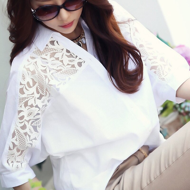 Women's Shirt Lace Shirt Blouse Eyelet top Plain Streetwear Casual 3/4 Length Sleeve Shirt Collar Regular Tops Office Work Business Lace Patchwork White3