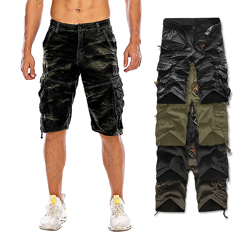 Men's Cargo Shorts Camo Shorts Hiking Shorts Multi Pocket Plain Camouflage Knee Length Streetwear Black Army Green Micro-elastic4