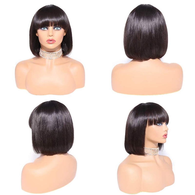 Winona Ryder Wig Short Bob Wigs Human Hair 8 Inch Virgin Hair None Lace Front Straight Short Human Hair Bob Wigs for Black Women Remy Black Wig with Bangs Natural Black Colour Christmas Party Wigs2