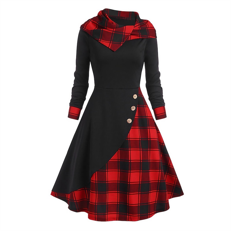 Women's Midi Dress Plaid Dress Casual Dress Sheath Dress Fashion Winter Dress Vacation Daily Loose Fit Plaid Color Block Long Sleeve Hooded Black Red Spring Fall Winter Autumn