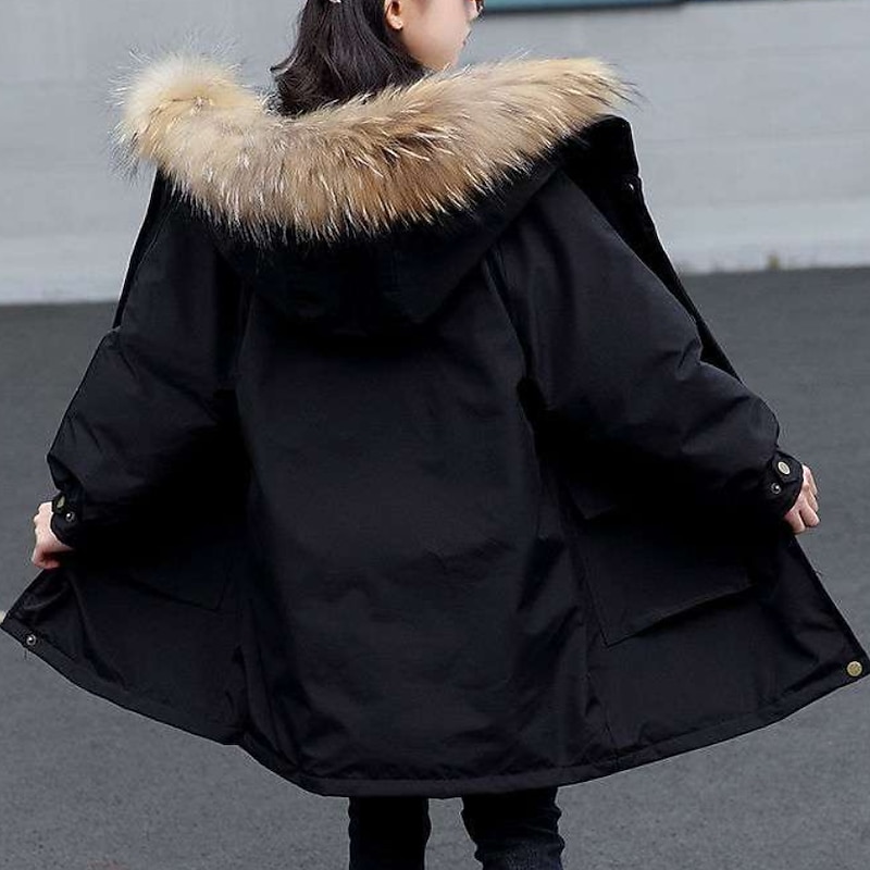 Kids Girls' Parka Outerwear Plain Long Sleeve Coat School Active Adorable Black Yellow Winter Fall 3-13 Years2