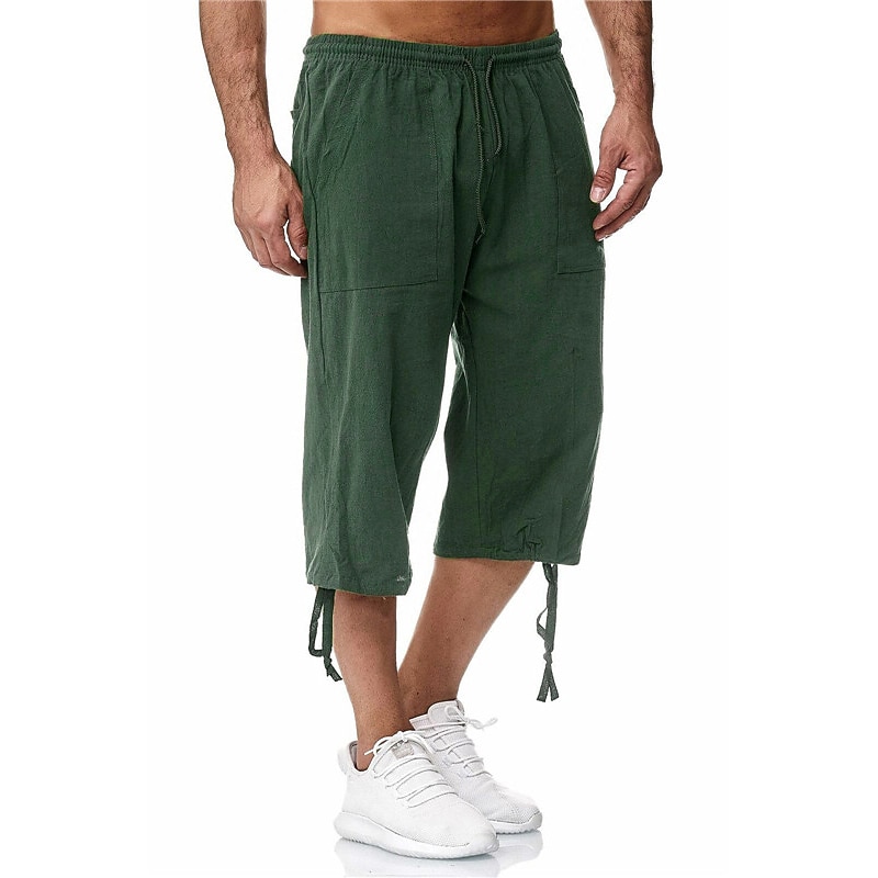 Men's Shorts Linen Shorts Summer Shorts Beach Shorts Capri Pants Drawstring Elastic Waist Front Pocket Plain Comfort Breathable Calf-Length Sports Outdoor Daily Stylish Casual / Sporty Blue Khaki4