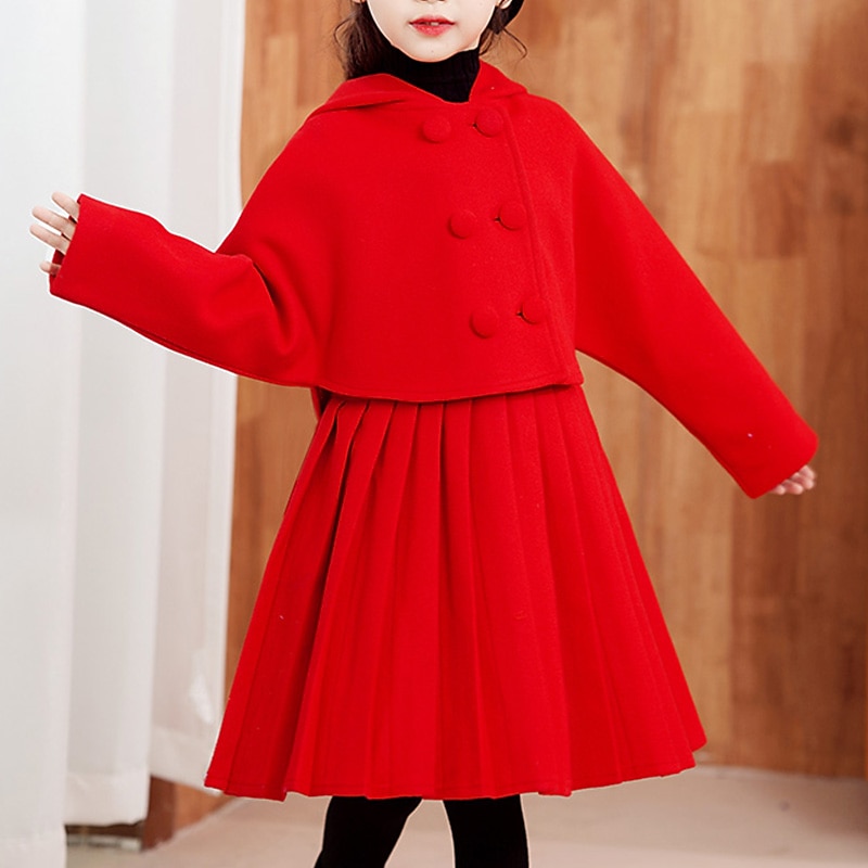 Kids Girls' Dress Solid Colored Long Sleeve Daily Pleated Cute Polyester Above Knee Two Piece Dress Winter 4-13 Years Red