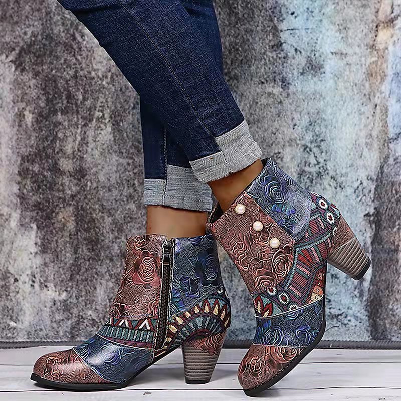 Bohemian Floral Embossed Ankle Boots for Women, Retro Ethnic Style Block Heel Short Boots with Zipper & Pearl Button Details - Perfect for Casual Outings, Festivals, and Vintage-Inspired Events