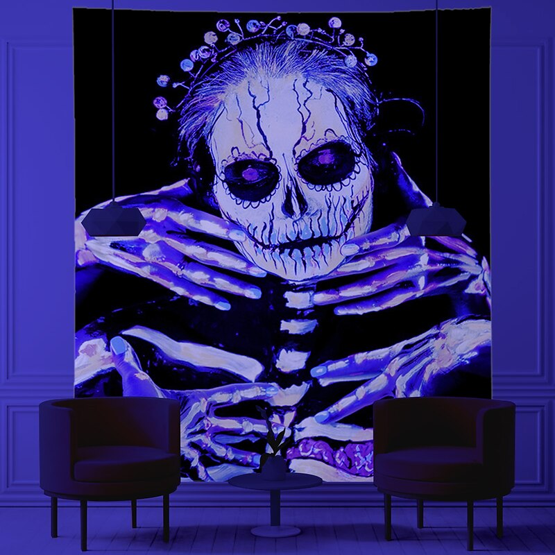Halloween Decorations Blacklight UV Reactive Wall Tapestry Skeleton Art Decor Blanket Curtain Hanging Home Bedroom Decoration Polyester Skull