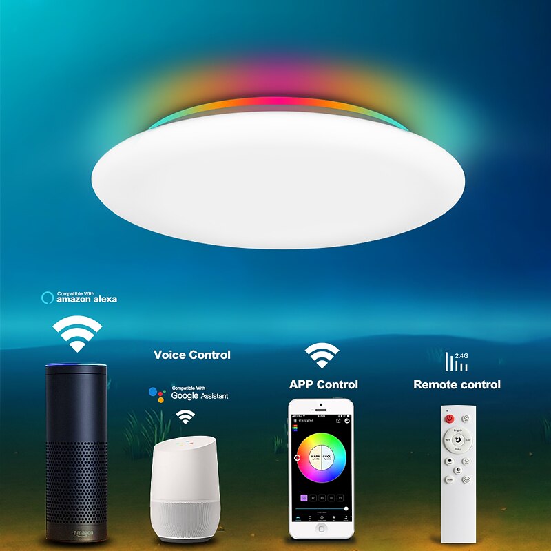 Smart LED Ceiling Lamp 12In 28W Front Warm White Light and Back RGB Color Changing Embedded Bedroom Lamp App and Voice Control Timing Compatible with Alexa Google Home AC100-240V2