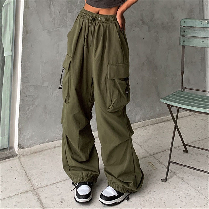 Women's Cargo parachute pants Wide Leg Trousers Baggy Full Length Baggy Micro-elastic High Waist Fashion Casual Daily ArmyGreen Black S M Spring & Fall4
