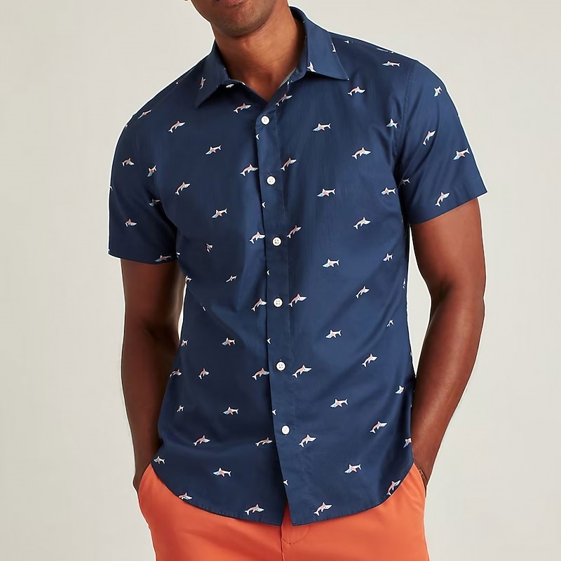 Men's Animal Shark Shirt Button Up Shirt Short Sleeve Fashion Designer Casual Outdoor Holiday Summer Spring Turndown Print Button-Down Navy Blue
