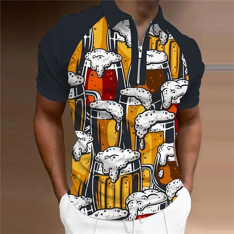 Oktoberfest Men's Polo Shirt Golf Shirt Beer Turndown Yellow 3D Print Outdoor Street Short Sleeves Zipper Print Clothing Apparel Fashion Designer Casual Breathable