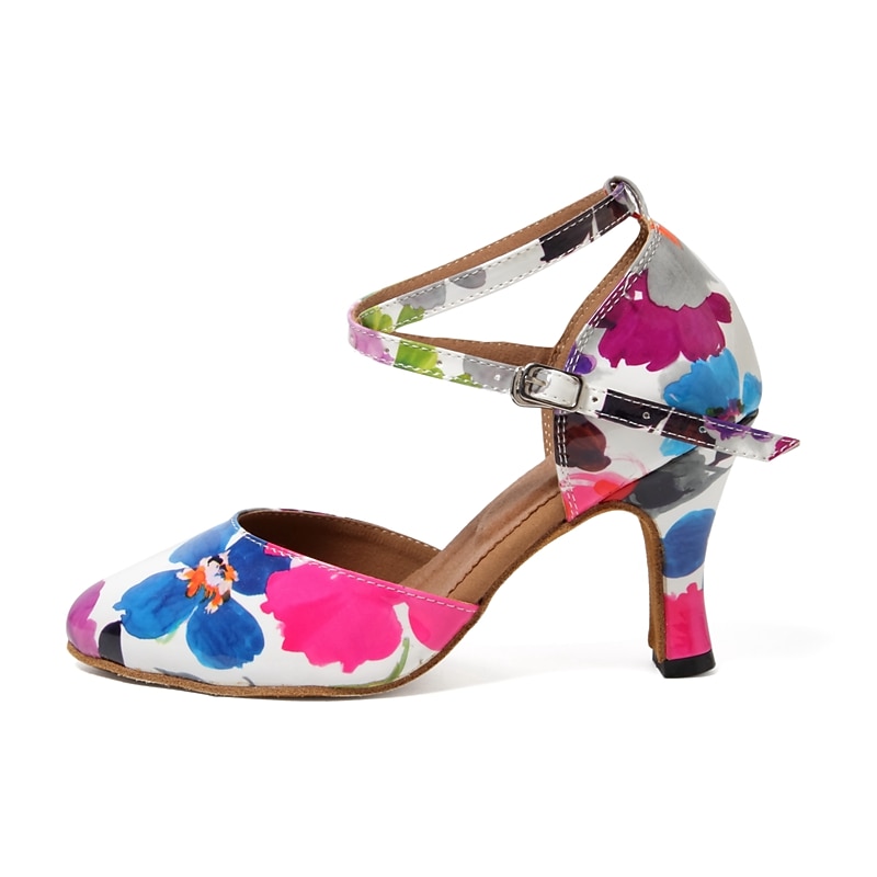 Women's Ballroom Dance Shoes Modern Shoes Training Indoor Practice Heel Sneaker Pattern / Print Flared Heel Peep Toe Cross Strap Black Pink / White3