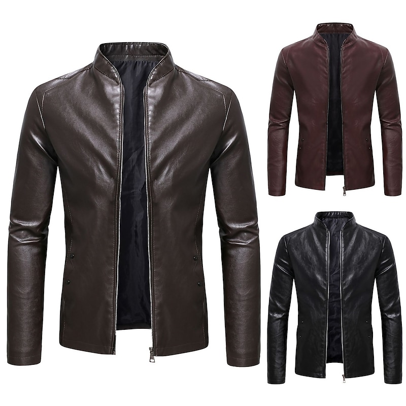 Men's Faux Leather Jacket Transition Jacket Biker Jacket Red Leather Jacket Formal Street Thermal Warm Windproof Adjustable Fall Pure Color Formal Stand Collar Regular Regular Faux Leather Slim Black