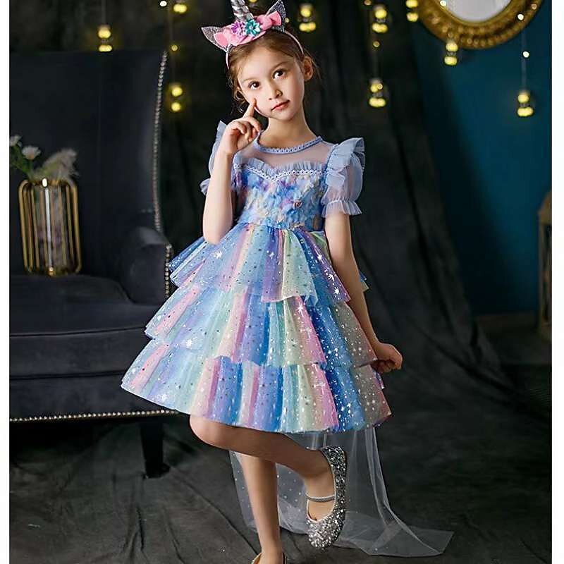 Girls' 3D Sequin Unicorn Dress Short Sleeve Summer Spring Performance Anniversary Cute Beautiful Kids 3-12 Years A Line Dress Above Knee