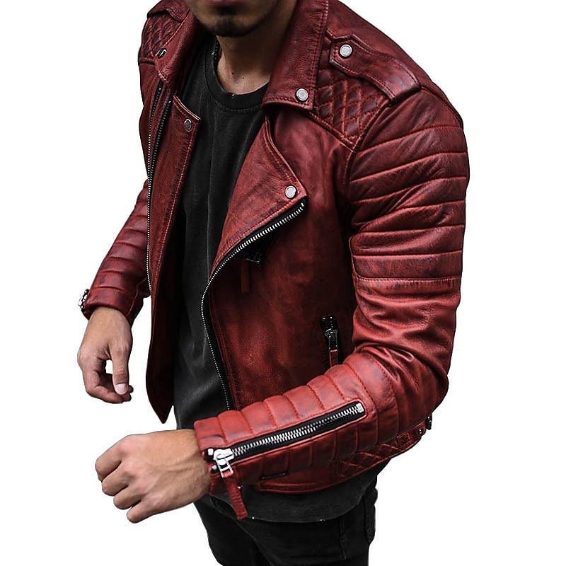 Men's Faux Leather Jacket Transition Jacket Biker Jacket Red Leather Jacket Street Casual Thermal Warm Windproof Faux Fur Trim Fall Pure Color Punk Fashion Lapel Regular Regular Faux Fur Faux Leather3