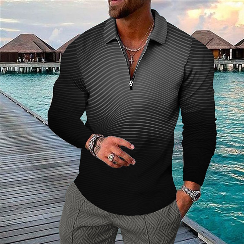 Men's Striped Hawaiian Polo Shirts Golf Shirt Long Sleeve Polo Shirts Collared Shirts Casual Beach Wear Vacation Wear Party Outfits 3D Print Quarter Zip Polo Black Yellow Blue2