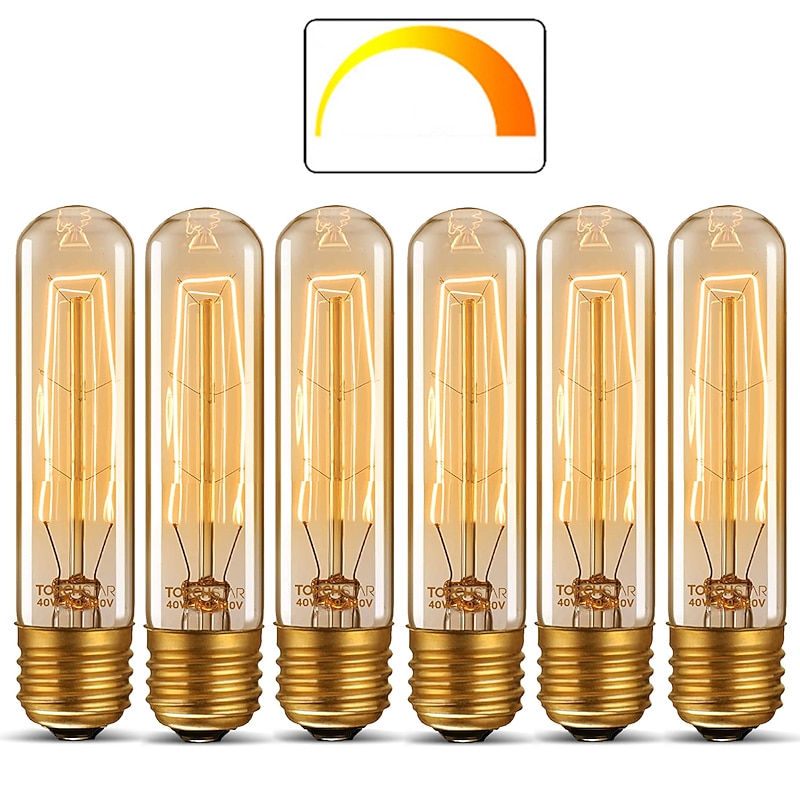 T10 Vintage Edison Light Bulb 40 Watt Dimmable Antique Tubular Old Fashioned Incandescent Bulb Warm White E26/E27 Base Amber Glass Lamp for Home Light Fixtures Decorative AC220V AC110V2