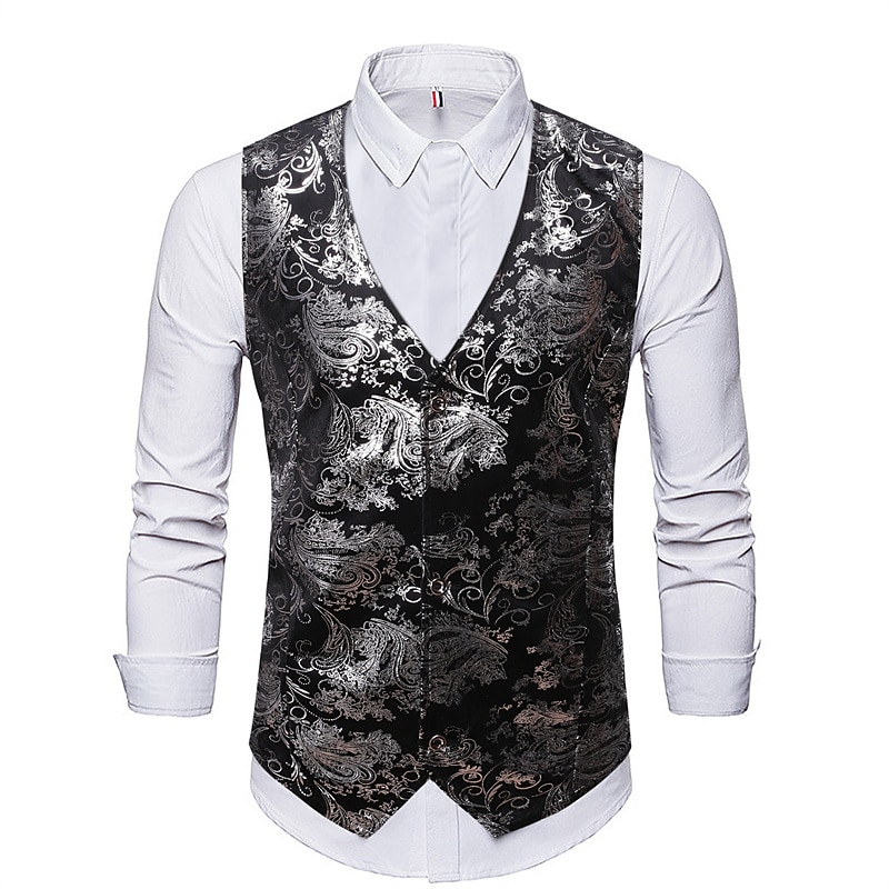 Men's Vest Gilet Wedding Party Bar Stylish Comfortable Summer Spring Pocket Polyester Breathable Floral Single Breasted V Neck Regular Fit Silver Black Dark Navy Gold Vest2