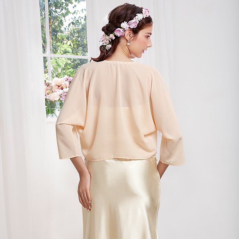 Women's Wrap Bolero Shrug Coats / Jackets Sun Protection 3/4 Length Sleeve Dolman Sleeve Chiffon Wedding Wraps With Beading For Party Evening Fall dress to impress3