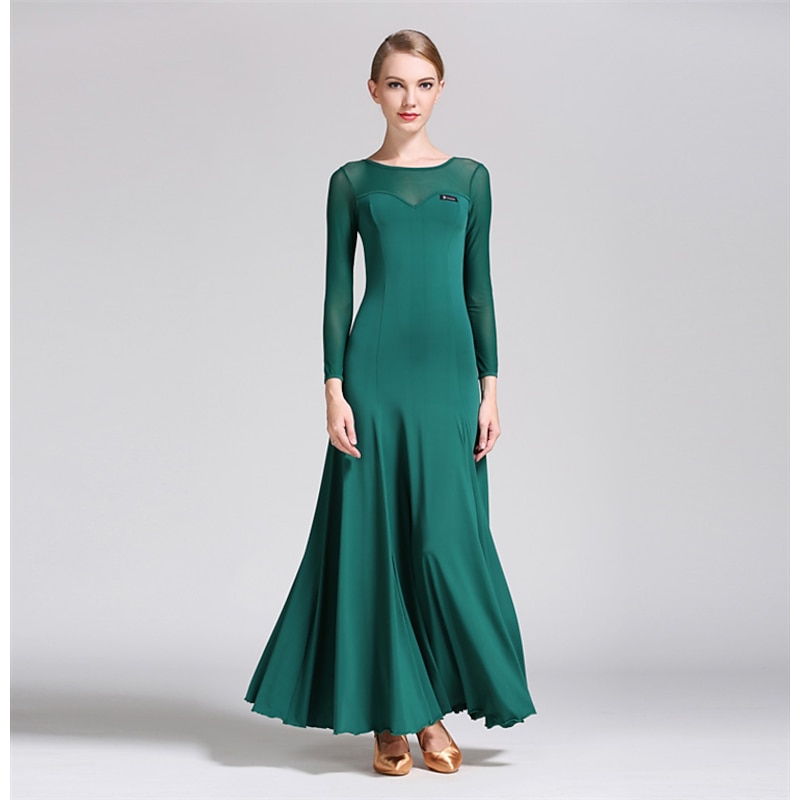 Ballroom Dance Dress Pure Color Tulle Women's Performance Training Long Sleeve Polyester