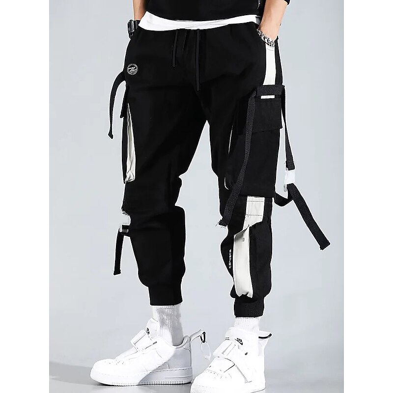 Men's Cargo Pants Cargo Trousers Joggers Trousers Techwear Drawstring Elastic Waist Multi Pocket Color Block Letter Embroidery Casual Daily Streetwear Hip Hop Black4