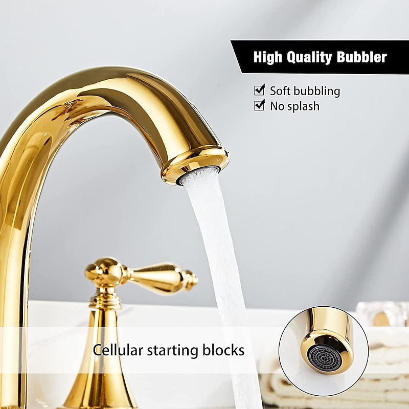 Brass Bathroom Sink Faucet,Widespread Two Handles Three Holes Bathroom Faucet with Valve and Hot/Cold Switch4