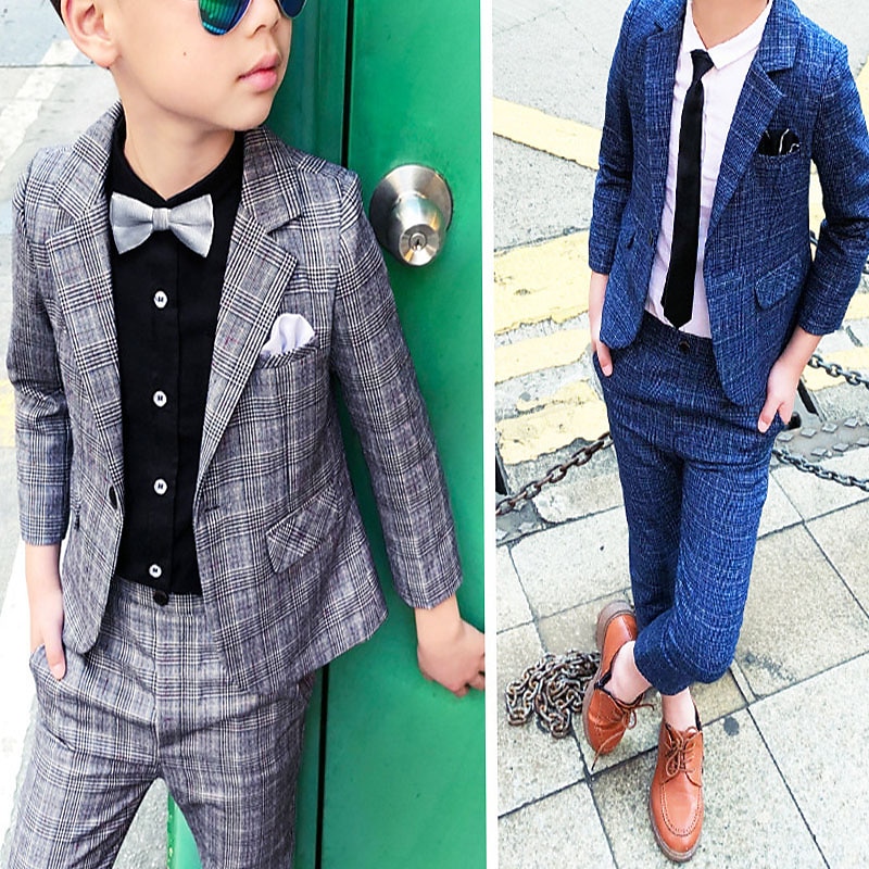 3 Pieces Ring Bearer Suit Boys Kids Suit Formal Suit Suit & Blazer Clothing Set Party Street Cool Gentle Plaid Navy Blue Dark Gray Cotton