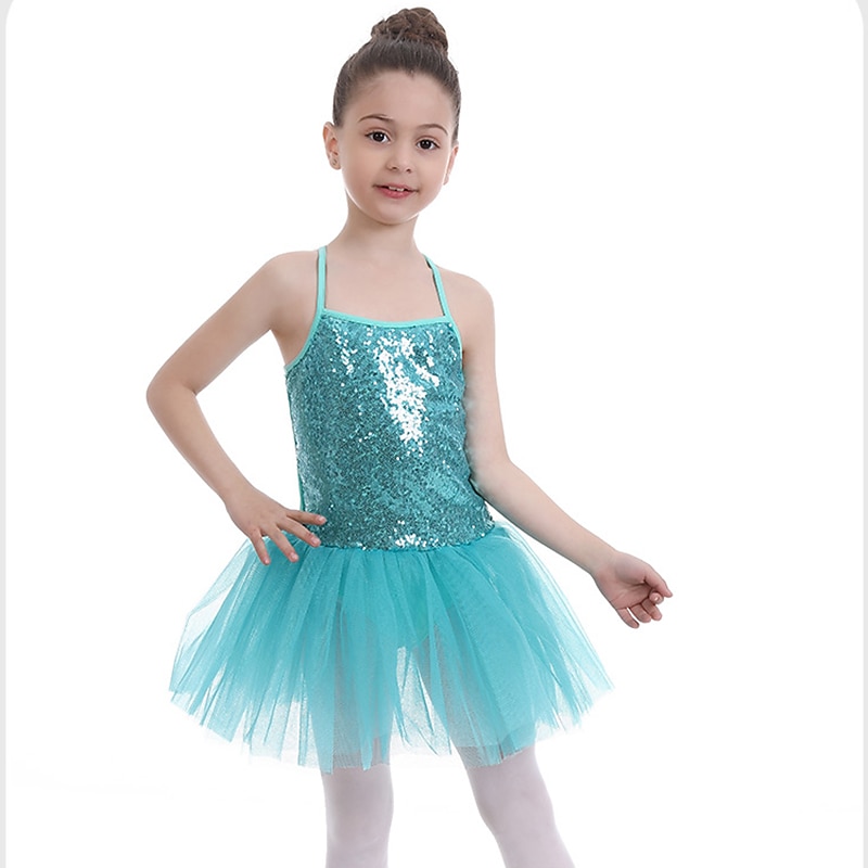 Kids' Dancewear Ballet Dress Pure Color Splicing Tulle Girls' Training Performance Sleeveless High Sequined Polyester4