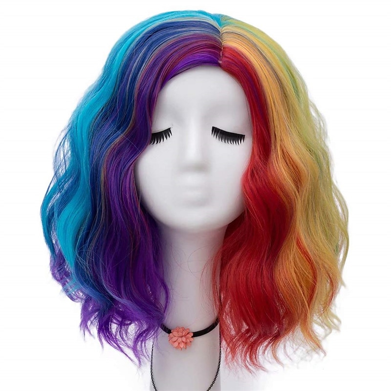 Women 16 Inches Middle Length Water Wave Rainbow Colorful Fashion Daily Cosplay Wig