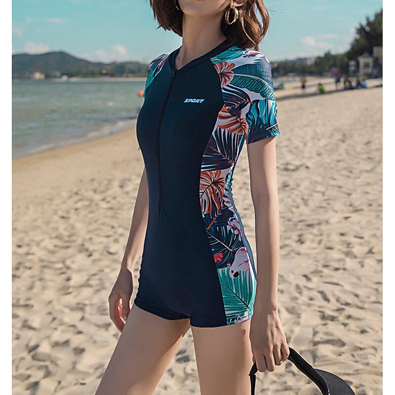 Women's Rash guard Swimsuit UV Sun Protection Breathable Quick Dry Short Sleeve Swimwear Bathing Suit Front Zip Swimming Surfing Water Sports Floral Summer4