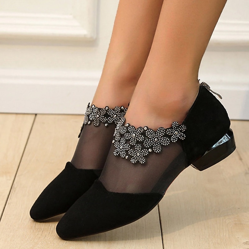 Women's Black Mesh Ankle Boots with Floral Rhinestone Embellishments - Elegant Low Heel Pointed Toe Shoes for Formal Events and Parties