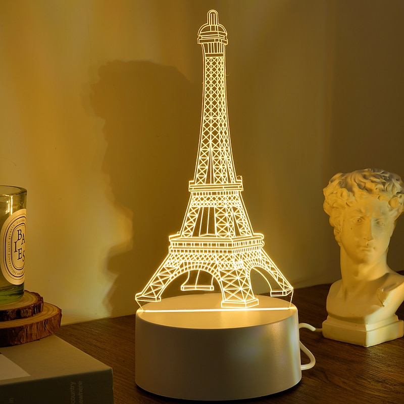 Eiffel Tower 3D LED Optical Illusion Acrylic Night Light with USB Powered Bedroom Decoration Table Lamp Birthday Fashion Style Gift for Child Baby Kids