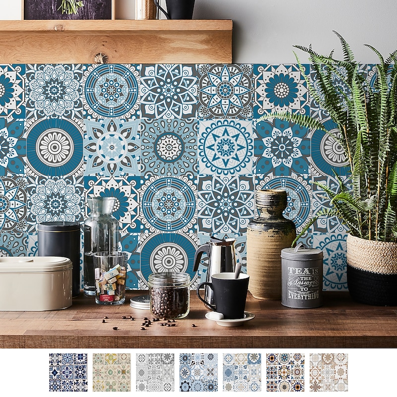 24pcs Creative Kitchen Bathroom Living Room Self-adhesive Wall Stickers Waterproof Fashion Blue Mandala Tile Stickers