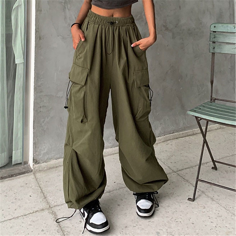 Women's Cargo parachute pants Wide Leg Trousers Baggy Full Length Baggy Micro-elastic High Waist Fashion Casual Daily ArmyGreen Black S M Spring & Fall3