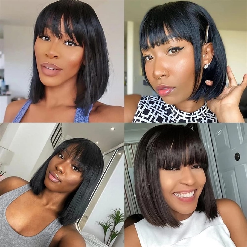 Winona Ryder Wig Short Bob Wigs Human Hair 8 Inch Virgin Hair None Lace Front Straight Short Human Hair Bob Wigs for Black Women Remy Black Wig with Bangs Natural Black Colour Christmas Party Wigs4
