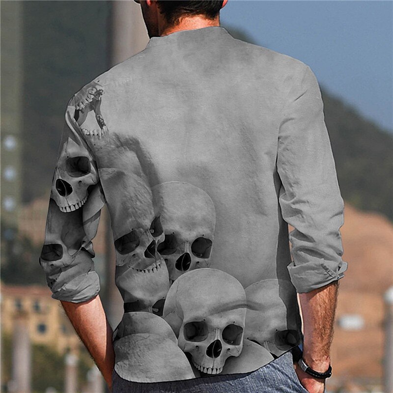 Men's Shirt Graphic Shirt Skull Stand Collar Black White+Black White Light Grey Gray 3D Print Outdoor Halloween Long Sleeve Print Button-Down Clothing Apparel Fashion Designer Casual Comfortable2