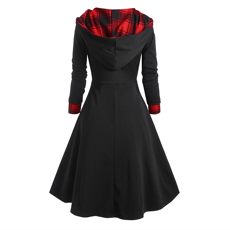 Women's Midi Dress Plaid Dress Casual Dress Sheath Dress Fashion Winter Dress Vacation Daily Loose Fit Plaid Color Block Long Sleeve Hooded Black Red Spring Fall Winter Autumn2