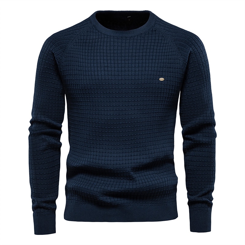 Men's Sweater Pullover Sweater Jumper Waffle Knit Cropped Knitted Solid Color Crew Neck Stylish Basic Outdoor Daily Clothing Apparel Fall Winter Navy Blue Blue S M L