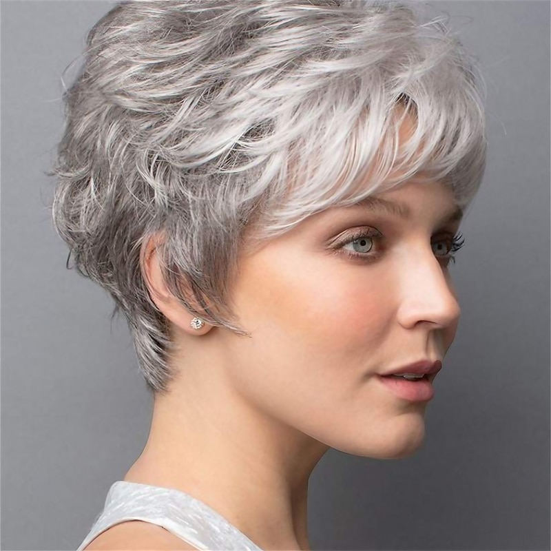 Short Curly Grey Pixie Wigs for White Women Sliver Grey Layered Synthetic Wig Natural Looking Pixie Cut Fluffy Wigs with Bangs Christmas Party Wigs
