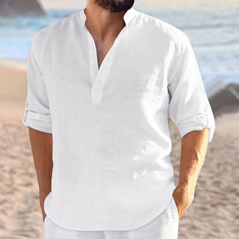 Men's Shirt Linen Shirt Summer Shirt Beach Wear Band Collar Shirt Plain Vacation Curise Black White Navy Blue Blue Long Sleeve V Neck All Seasons Clothing Apparel2