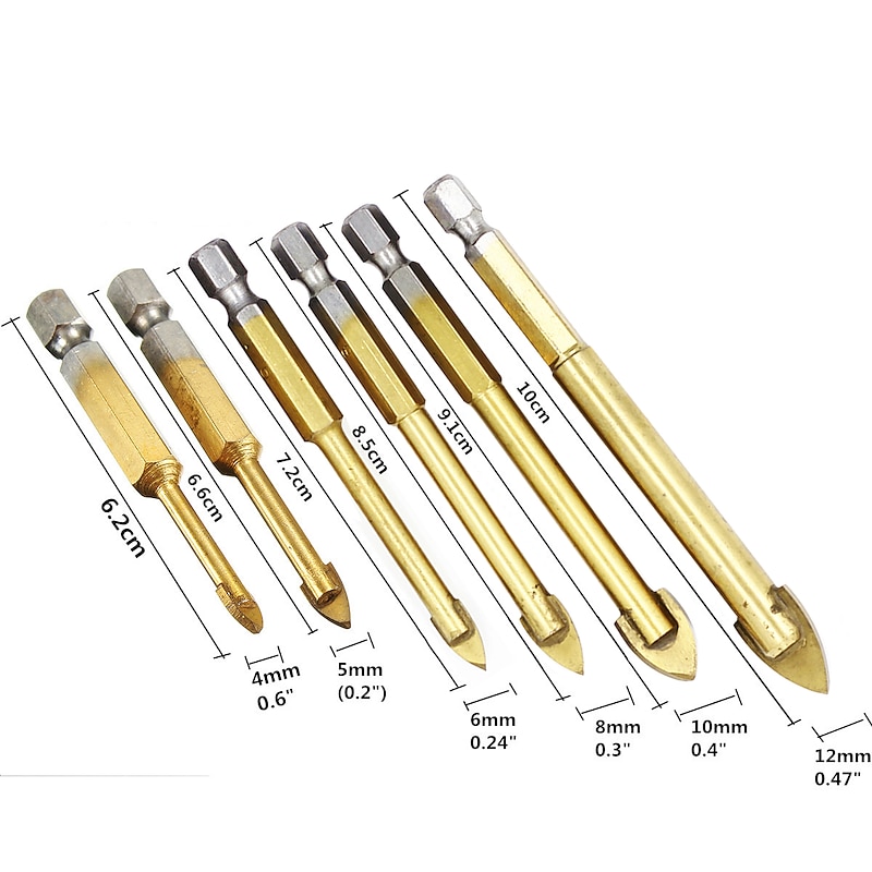 6pc drill Hex Shank Glass Drill Bits Set Titanium Coated Ceramic Tile Marble Mirror Glass Drilling Hole Tool 4mm 5mm 6mm 8mm 10mm 12mm4