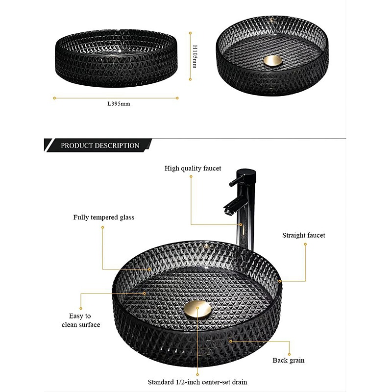 Bathroom Vessel Sink with Chrome Faucet,Wash Basin Glass Countertop Cylinder Wash Basin Hand Washbasin Worktop Installation Glass Basin Set with Chrome Brass Tap2
