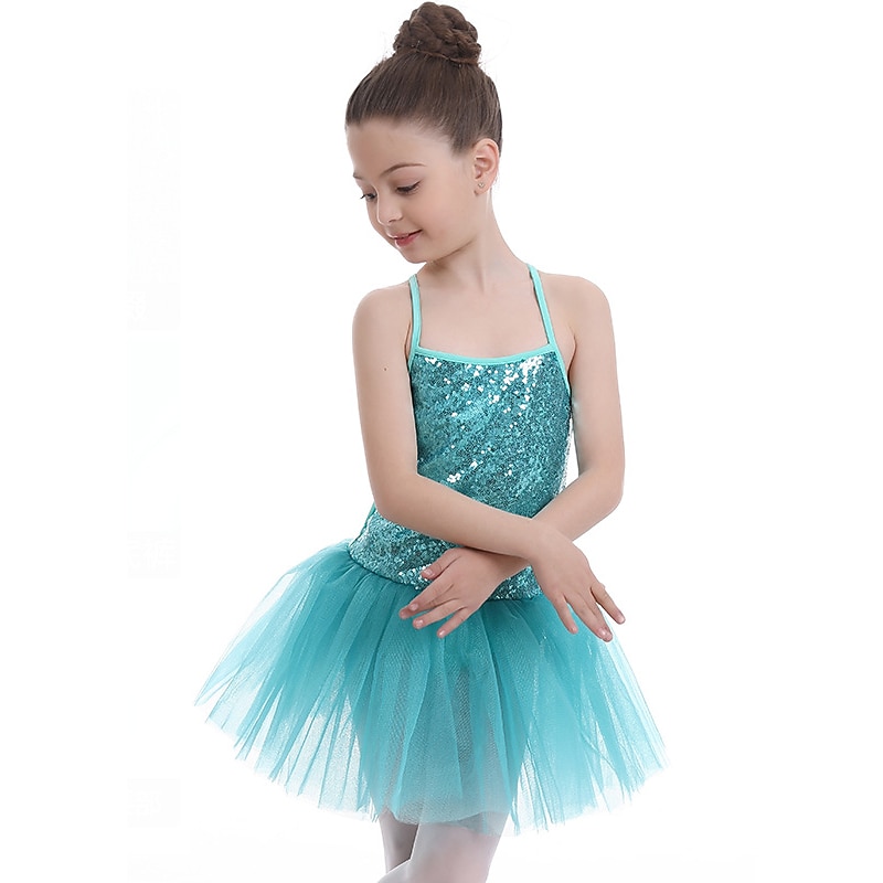 Kids' Dancewear Ballet Dress Pure Color Splicing Tulle Girls' Training Performance Sleeveless High Sequined Polyester