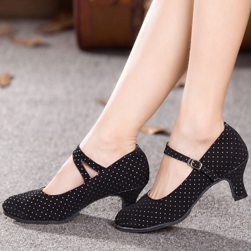 Women's Vintage Polka Dot Dance Shoes - Mid-Heel Mary Jane Style with Cross Strap for Ballroom, Latin, and Performance Events