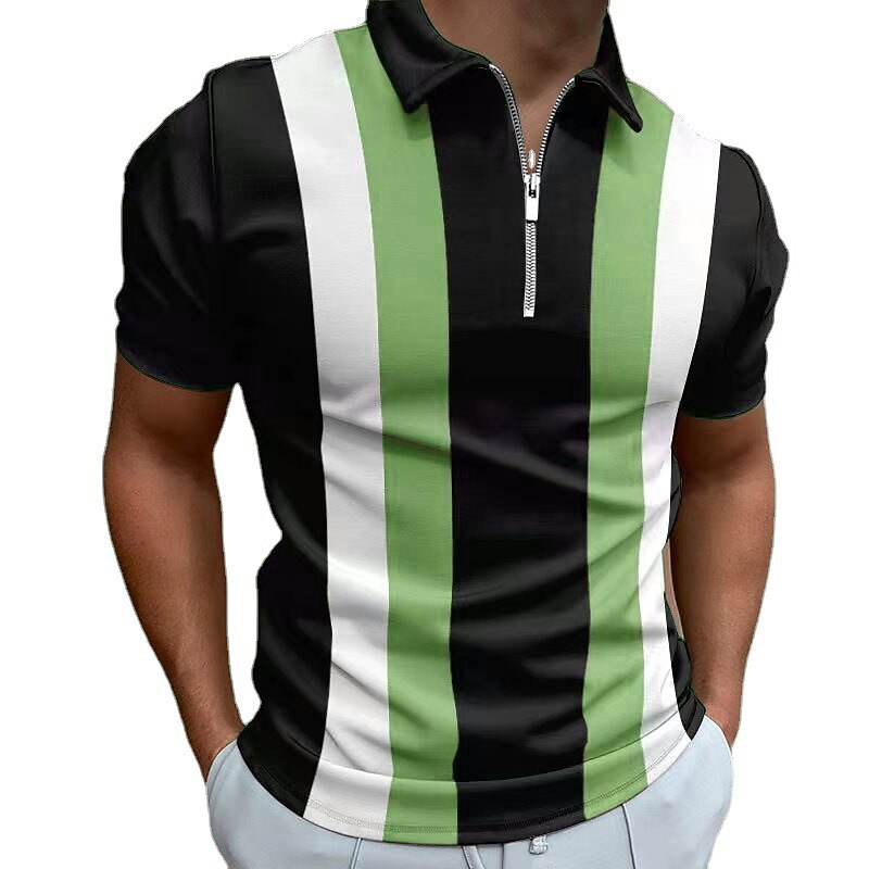 Men's Striped Zip Polo Shirts Golf Shirt Short Sleeve Polo Shirts Collared Shirts Business Casual WorkWear Formal Wear Festival Wear 3D Print Quarter Zip Polo Brown Green Gray4