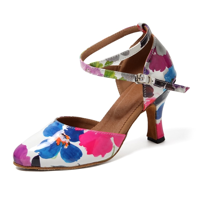 Women's Ballroom Dance Shoes Modern Shoes Training Indoor Practice Heel Sneaker Pattern / Print Flared Heel Peep Toe Cross Strap Black Pink / White