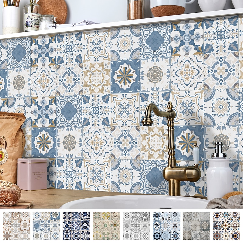 24/48pcs Self-adhesive Wall Stickers Waterproof Fashion Moroccan Tile Stickers Creative Kitchen Bathroom Living Room