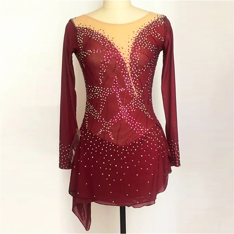 Figure Skating Dress Women's Girls' Ice Skating Dress Black Purple Rosy Pink Spandex High Elasticity Training Competition Skating Wear Handmade Crystal / Rhinestone Long Sleeve Ice Skating Figure
